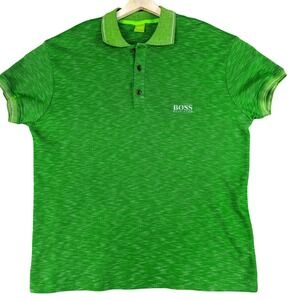Hugo Boss Polo Shirt Mens 2XL Green Space Dye Cotton Knit Logo Casual Top